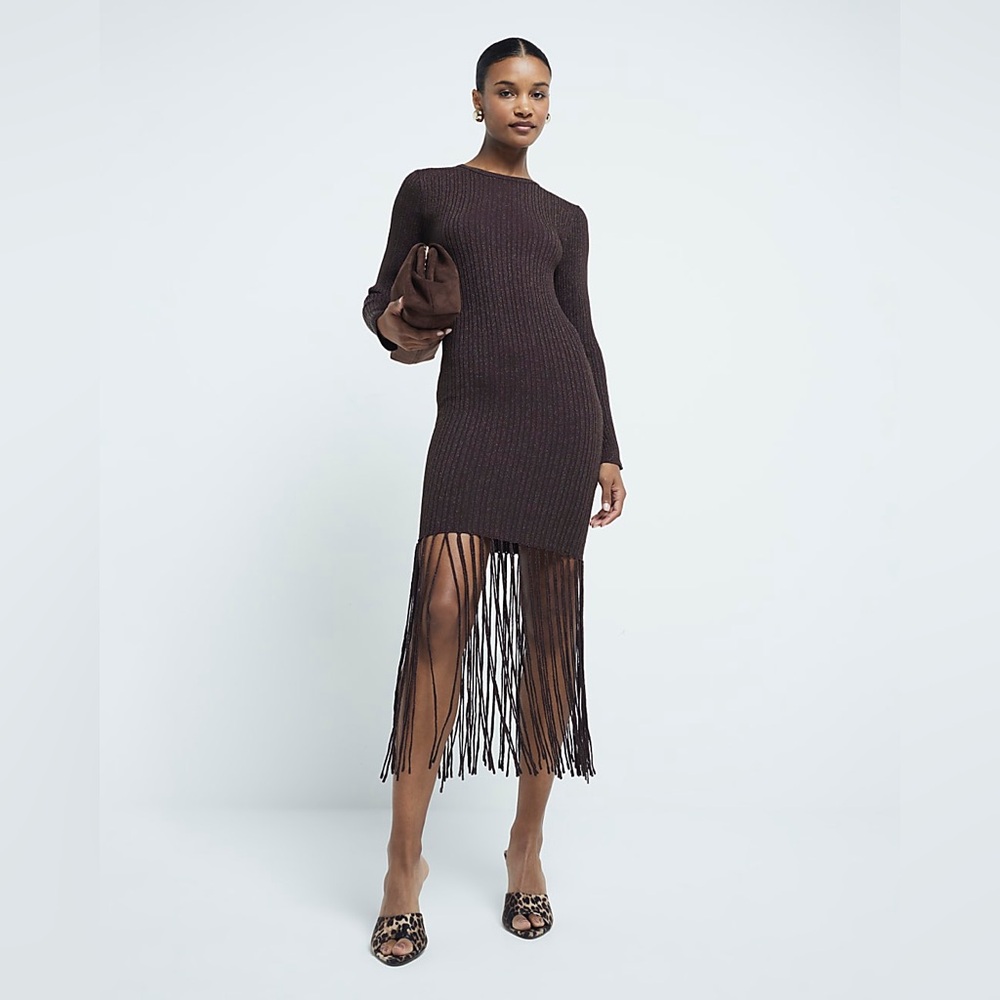 Brown Metallic Fringe Midi Dress